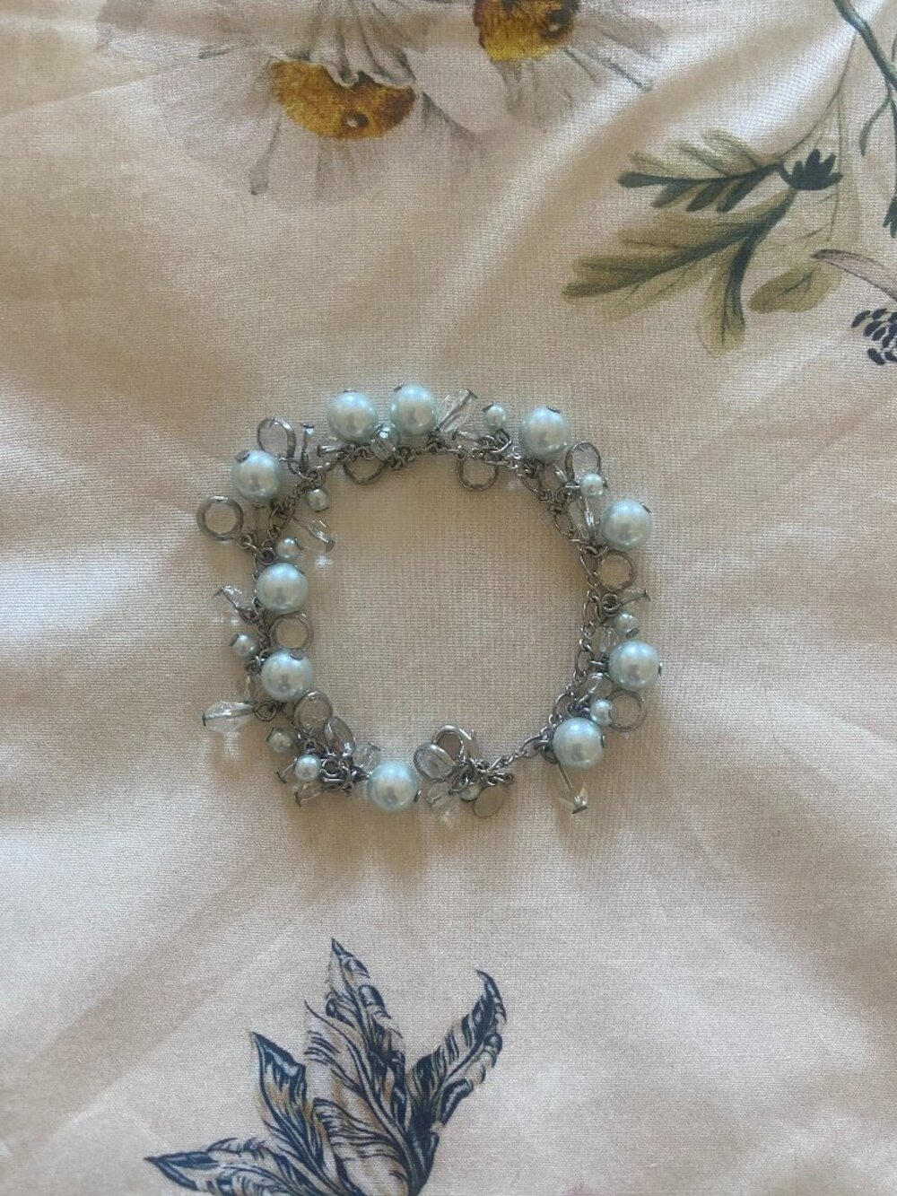 Light Blue Pearl and Clear Crystal Bracelet. 6 3/4" long. Costume Jewelry.